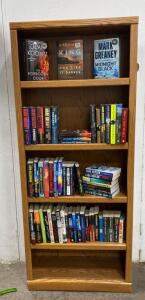 Oak 5-Shelf Tall Bookcase with 70 Thriller/Mystery Novels by Koontz, King, Grisham, Greaney