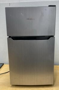 Hisense 3.3 cu. ft. Compact Refrigerator Stainless Steel, Double Door, Top Freezer, Model RT33- ( Powers On )