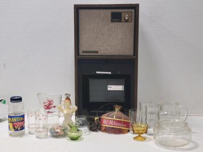 (1) Old Milwaukee Bar Light, (1) Environmental Air System Multi-Stage Filtration, Multiple Assorted Glasses, (1) 1950s Mid-Century Modern "risque lady" boudoir table lamp, & More!
