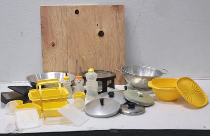 (3) Honey Bear Bottles, (2) Strainers Metal, (5) Assorted Pan Lids, (3) Tupperware Bowls, & More!