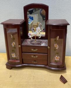 Carousel Horse Wooden Jewelry Box, Floral Glass Doors, Mirror, 3 Drawers, Musical, 13"x11" - Foot Needs Glued Back On