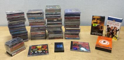 Large Mixed Media Lot: 50+ CDs, Cassettes, VHS | Notable: Pink Floyd, Meat Loaf, Vertigo, Titans