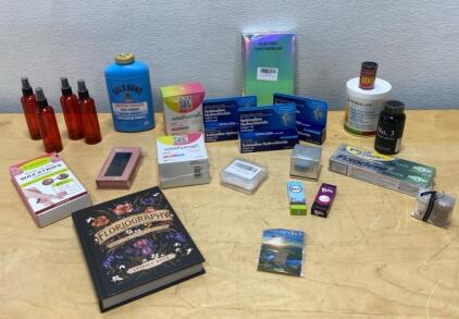 Mixed Lot: Gold Bond Foot Powder, Carmex Wax Strips, Wisehuman Multivitamin, Herbalife Fiber Complex, Fixodent Plus, Cosmetics, Fujifilm, Book, Collectible Badge
