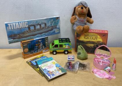 Revell Titanic Model, Settlers of Catan, Solar Robot Kit, Toys, Books, Plush, Cards Lot