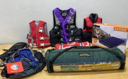Camping and Outdoor Gear Lot (tent, vests, bags, air mattress, hydration)