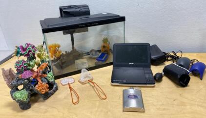 10-Gallon Glass Aquarium with Filter, Hood Light, Coral Reef Decor, SpongeBob Pineapple, Accessories - DVD Player and More ( Unable to Test Items )