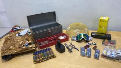 Assorted Tools and Craftsman Toolbox with Remotes, Ink Bottles, and More