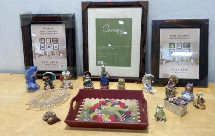 Assorted Home Decor Lot: 3 Picture Frames 10x13, Tray, Glass Dish & 10 Figurines