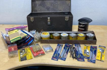 Vintage Metal Toolbox w/ Removable Tray, Bosch & Irwin Bits, Hardware, Minwax Wood Finish