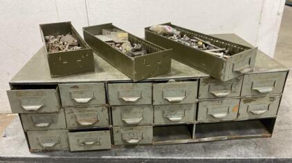 Vintage Steel Parts Organizer Cabinet with 12 Drawers and Assorted Hardware