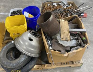 Industrial Surplus Pallet: Heavy Chains, Steel Wheel Rims, Bolts, Pipe & Scrap Metal