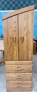 Sloped-Top Oak Storage Cabinet with 4 Drawers and Dual Doors, approx. 72"x26"x18"