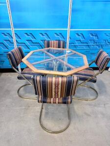 Octagonal Glass and Brass Dining Table Set with Four Cantilever Chairs, Mid-Century Modern Style