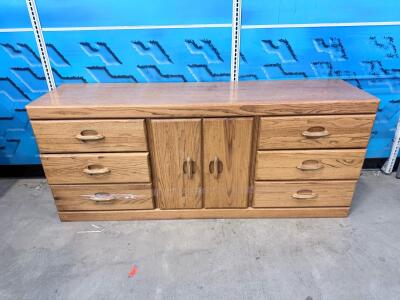 Solid Wood 6-Drawer Dresser with Central Cabinet, Light Oak Finish, Integrated Pulls, 72" Wide