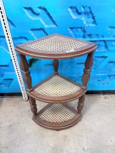 Vintage 3-Tier Wooden Corner Shelf with Cane Shelves, Semi-Circular, 28-30" Tall