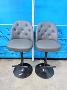 Pair of Adjustable Gray Faux Leather Bar Stools, Tufted Back, Black Base, With Footrest