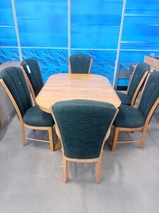 6-Seat Dining Table Set, Oak Wood, Green Upholstered Chairs, Rectangular, Classic Design