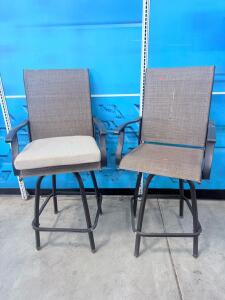 Pair of Outdoor Patio Bar Stools, Swivel, Mesh Back, Steel Frame, Brown, One Cushion