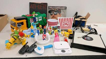 Super Mario Figure Lot w/ WWE Display, Walkie-Talkies, Earnhardt Calendar, Truck Toys, Books