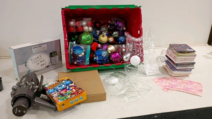 Mixed Christmas Ornaments, Sharper Image Message Board, Dyson Part, Board Game & Paper Goods Lot