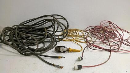 Industrial Power Extension Cords, Pneumatic Hoses & Work Light Set w/ Plugs, Couplers - 3 Piece Bundle