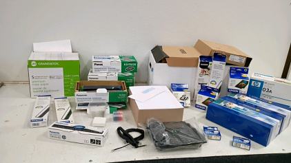Bulk Lot of Office Supplies: HP 03A Toner, Epson Ink, Panasonic Fax Cartridges, Copy Paper, Desk Phone