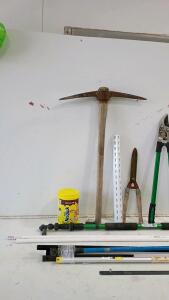 Mixed Lot: Pickaxe, Loppers, Hedge Shears, Kettlebell, Pipes, Hardware
