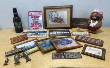 Lot: Budweiser Collectible Bottle, Tiki Pirate Figurine, Humor Wall Signs, Vintage Car Photos, 15pc