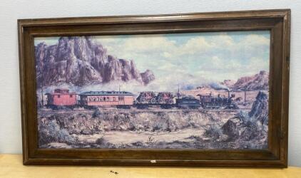 "Smoke Steam & Timber" by Rozzi &ndash; Framed Western Steam Train Painting, 32x56&rdquo;
