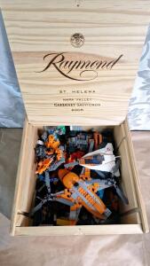 (4) Vintage Lunchboxes & (1) Wooden Wine Box W/ Assorted Legos