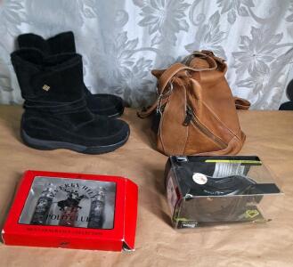 (1) Pair Of Women's Columbia Namara Water Resistant Omni-Grip Suede Snow Boots, Black, Size 6.5, (1) Leather Shoulder Bag, (1) Pair Of Scott Motorsports Goggles & (1) 3-Bottle Polo Colone Set