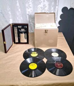 (1) 5-Piece Stainless Steel Flask & Cigar Set & 40+ Vintage Records