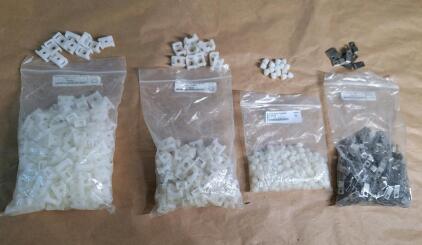 (1) 100+ Count Bag Of #8 Plastic Cable Tie Screw Mounts, (1) 100+ Count Bag Of 1/4 Plastic Cable Tie Screw Mounts, (1) 100+ Count Bag Of 10-32 Nylon Cap Nuts (1) 100+ Count Bag Of #8 Metal Cable Tie Screw Mounts