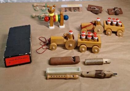 (1) Vintage Wooden Student Molecular Model No.1200, (8) Vintage Handcrafted Wooden Toys & (4) Vintage Handcrafted Wooden Whistles