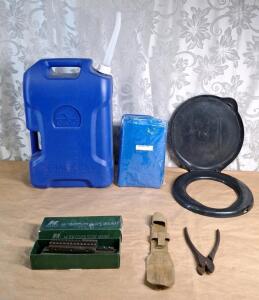 (1) AK Top Cover Scope Mount, (1) Vintage Pair Of Wire Cutters W/ Sheath, (1) Igloo 6-Gallon Water Container W/ Spout, (1) 66- Gallon Tarp Storage Bag & (1) Camping Toilet Seat