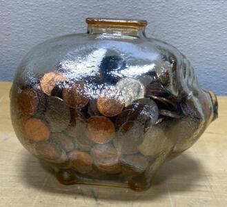 Mystery Money -Vintage Glass Piggy Bank, Amber-Tinted, Pig-Shaped, No Stopper, Traditional Coin Slot. With Coins