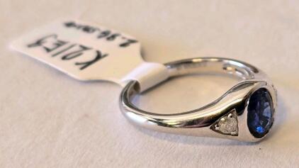 Sterling Silver Ring, Blue Oval Sapphire, Trillion Diamond Accents, Size 6.75, 2.86g, K21E3