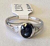 Sterling Silver Ring, Blue Oval Sapphire, Trillion Diamond Accents, Size 6.75, 2.86g, K21E3 - 4