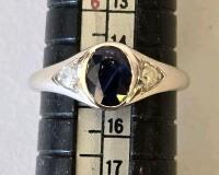 Sterling Silver Ring, Blue Oval Sapphire, Trillion Diamond Accents, Size 6.75, 2.86g, K21E3 - 5