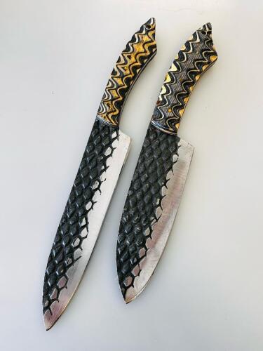 Custom Handmade Chef Knife Set &ndash; Damascus Steel Blades, Exotic Olive Wood & Resin Handles