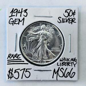 1943 Walking Liberty Half Dollar MS66 Silver Coin &ndash; GEM Condition High Grade