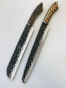 Custom Handmade Chef Knives Set &ndash; Artistic Pattern Handles, Textured Blades, Full Tang Construction