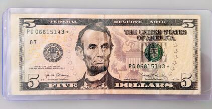 2017A $5 Star Note PC06815143*, Federal Reserve Chicago G7, Carranza-Mnuchin, FW Printed
