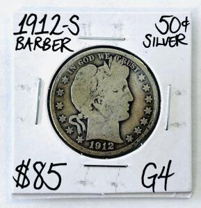 1912-S Barber Half Dollar, 90% Silver, San Francisco Mint, G4, Key Date, US Coin