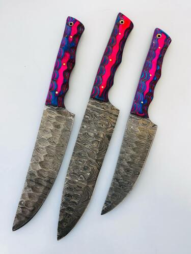 Damascus Chef Knife Set &ndash; 3Pc, 67-Layer Blades, Resin Handles, Full Tang, Psychedelic Colors