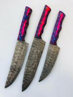 Damascus Chef Knife Set &ndash; 3Pc, 67-Layer Blades, Resin Handles, Full Tang, Psychedelic Colors