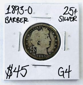 1893-O Barber Quarter, 90% Silver, New Orleans Mint, G4 Grade, Key Date, 25 Cent Coin