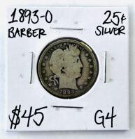 1893-O Barber Quarter, 90% Silver, New Orleans Mint, G4 Grade, Key Date, 25 Cent Coin