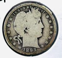 1893-O Barber Quarter, 90% Silver, New Orleans Mint, G4 Grade, Key Date, 25 Cent Coin - 2