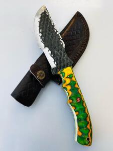 Custom Fixed-Blade Knife, Dragon-Scale Blade, Dyed Wood Handle, Leather Sheath, Mosaic Pin